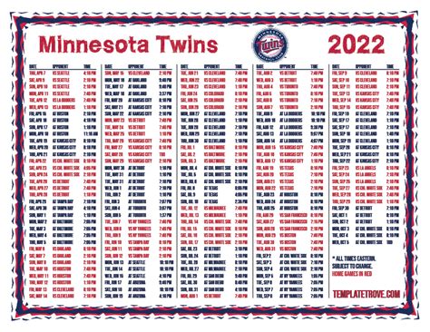 Minnesota Twins Schedule 2022 Printable